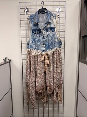 Rustic Raggs Boho Denim Vest Dress with Brown Floral Handkerchief Skirt-OOAK